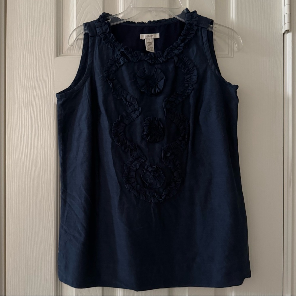 J.CREW Sleeveless Navy Blue Ruffle Lined Cotton Silk Blouse Women Size 0